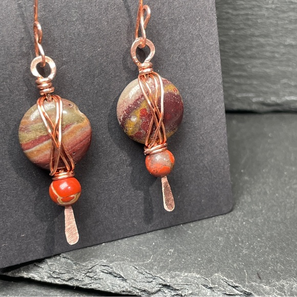 Artisan Jewelry - Artisan Copper and Earthy Agate and Jasper Stone Earrings